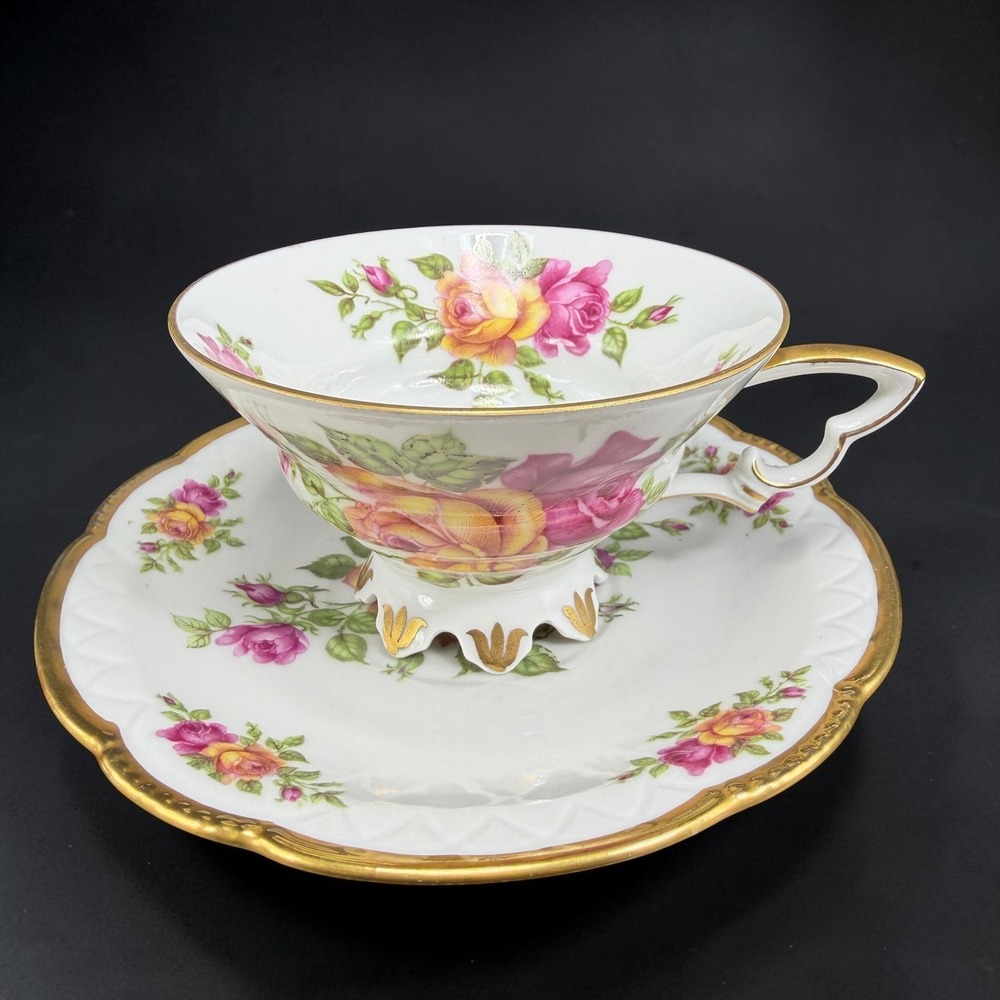 Mitterteich Bavaria Germany Rose‎ Floral Teacup and Saucer Set Gold Trim Vintage